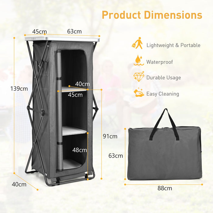 3-Tier Folding Camping Storage Cabinet with Side Pockets and Carry Bag