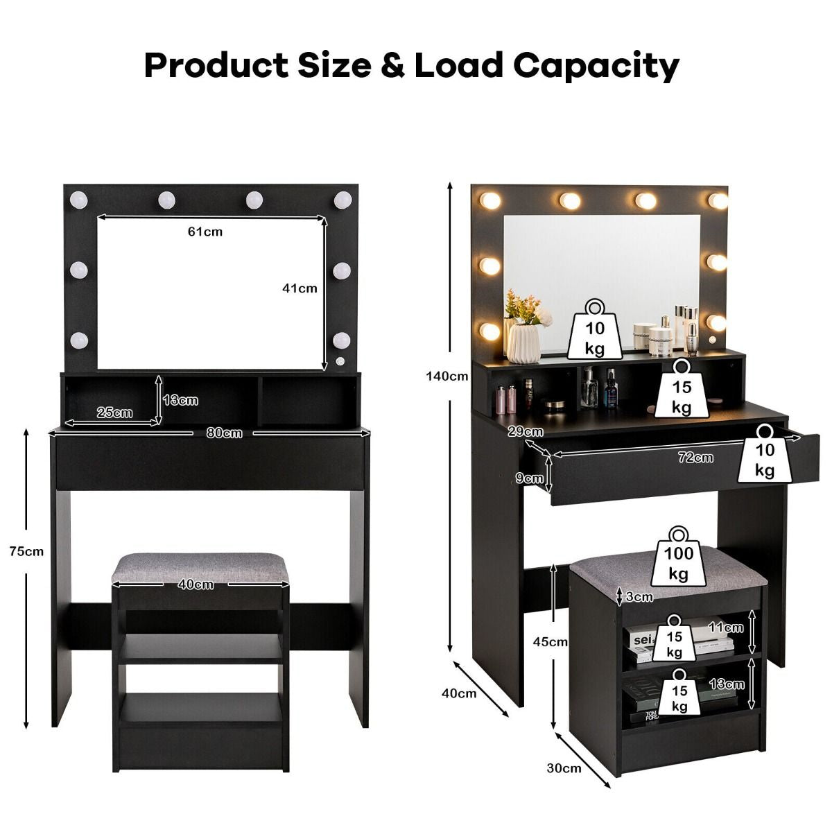 Modern Dressing Table Set with LED Lights Mirror and Drawer