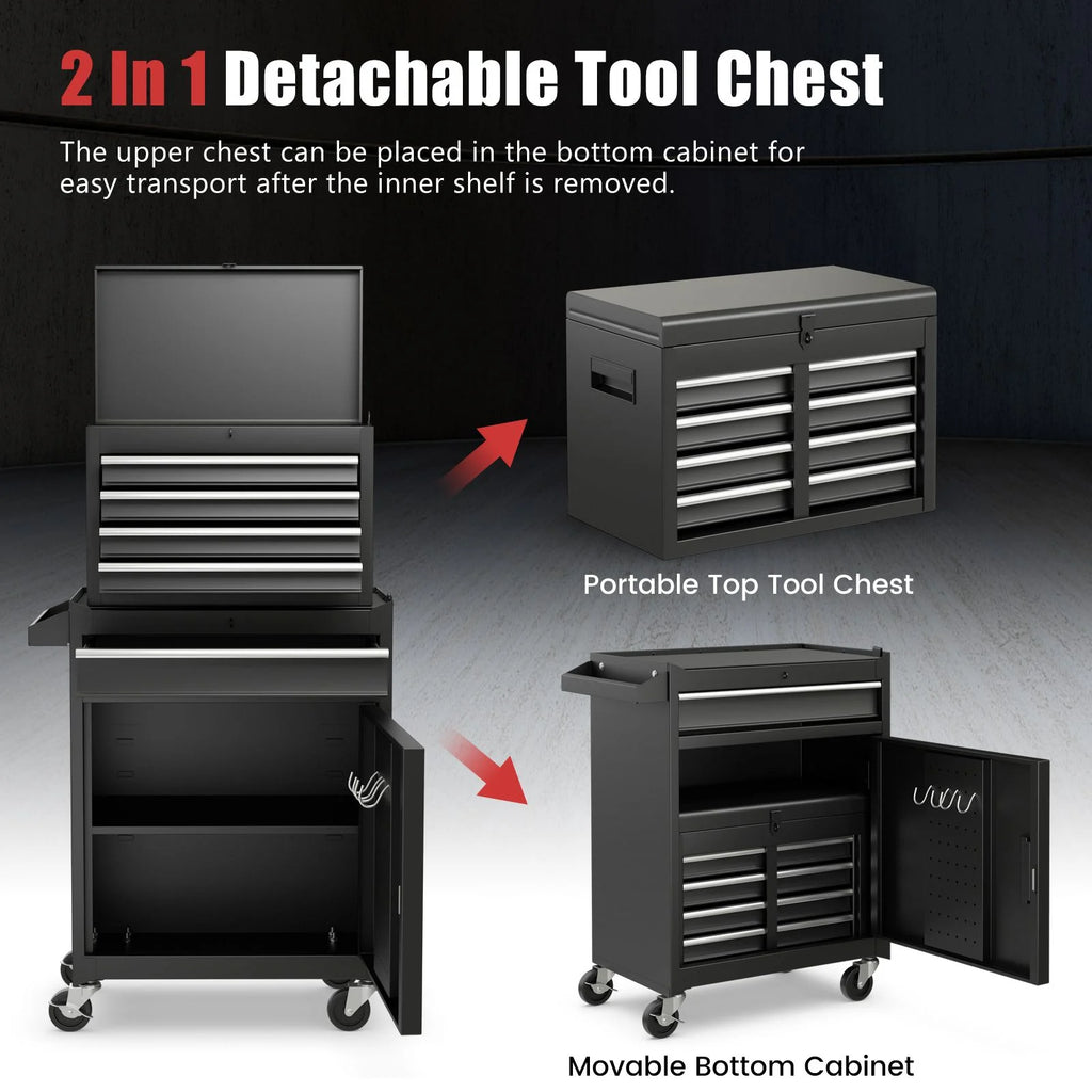 High-Capacity Rolling Tool Cabinet – Lockable Wheels, Metal 2‑in‑1 Chest & Base