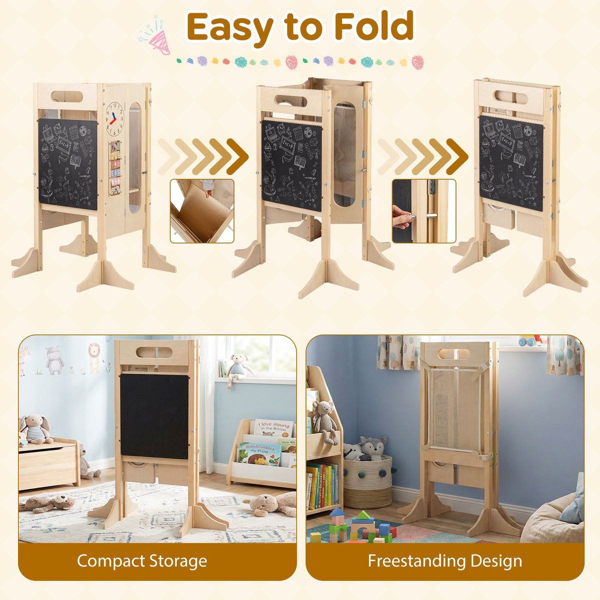 SEDOL 4-in-1 Folding Montessori Learning Tower & Sensory Activity Station — Convertible Kitchen Helper Stool with Art Easel, Step Stool, and Detachable Safety Net