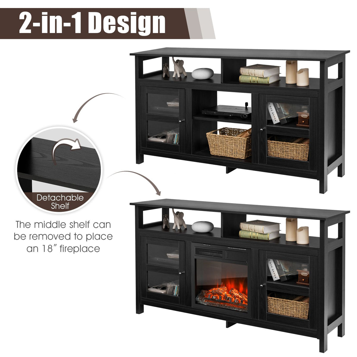 Living Room Console Table for Tvs with Wooden Fireplace and 2 Cabinets