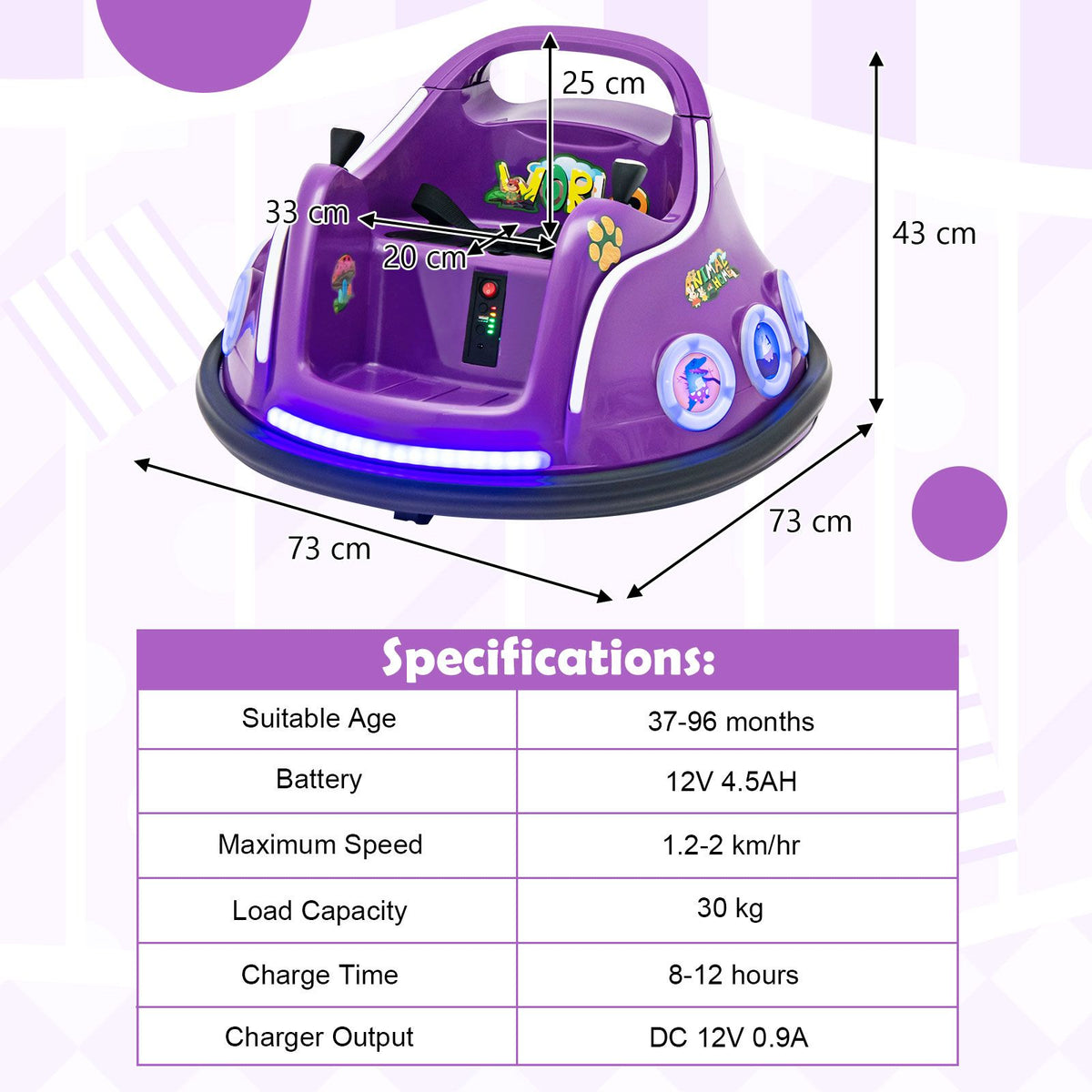 SEDOL 12V High-Performance Kids Bumper Car with 360° Rotation Parental Remote Control Wireless Bluetooth Audio and LED Light Show – 30kg Capacity