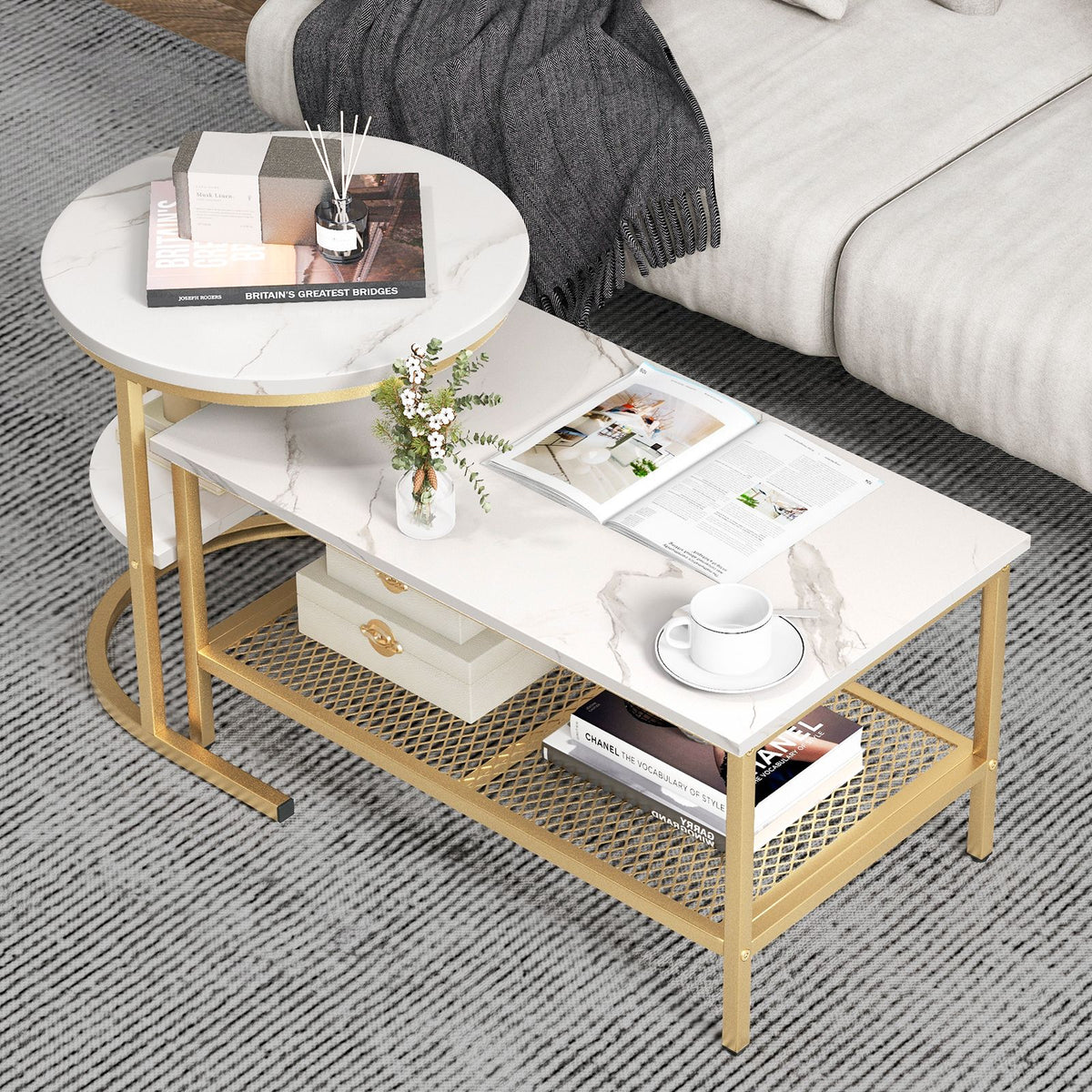 Set of 2 Nesting Coffee Table with Extra Storage Shelf