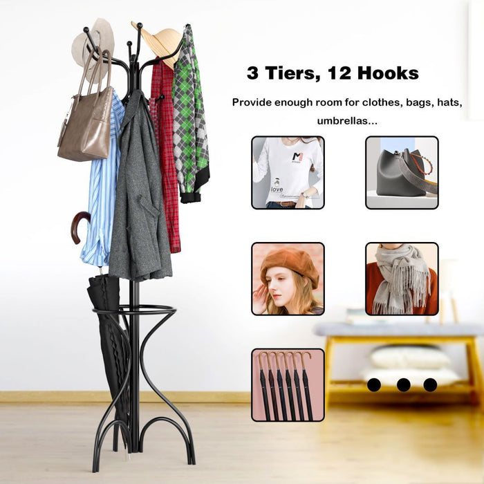 Modern Freestanding Metal Coat Stand with 12 Hooks