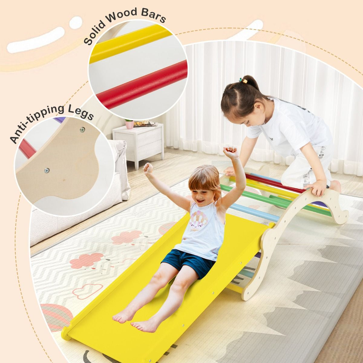 3-in-1 Wooden Climber Arch with Ramp & Rocker – Indoor Toddler Playset