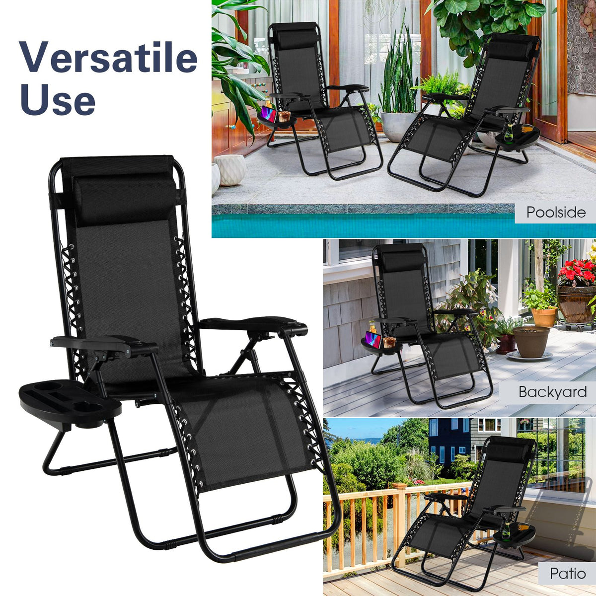Folding Zero-Gravity Recliner – Outdoor Patio Lounge Chair with Removable Headrest & Tray