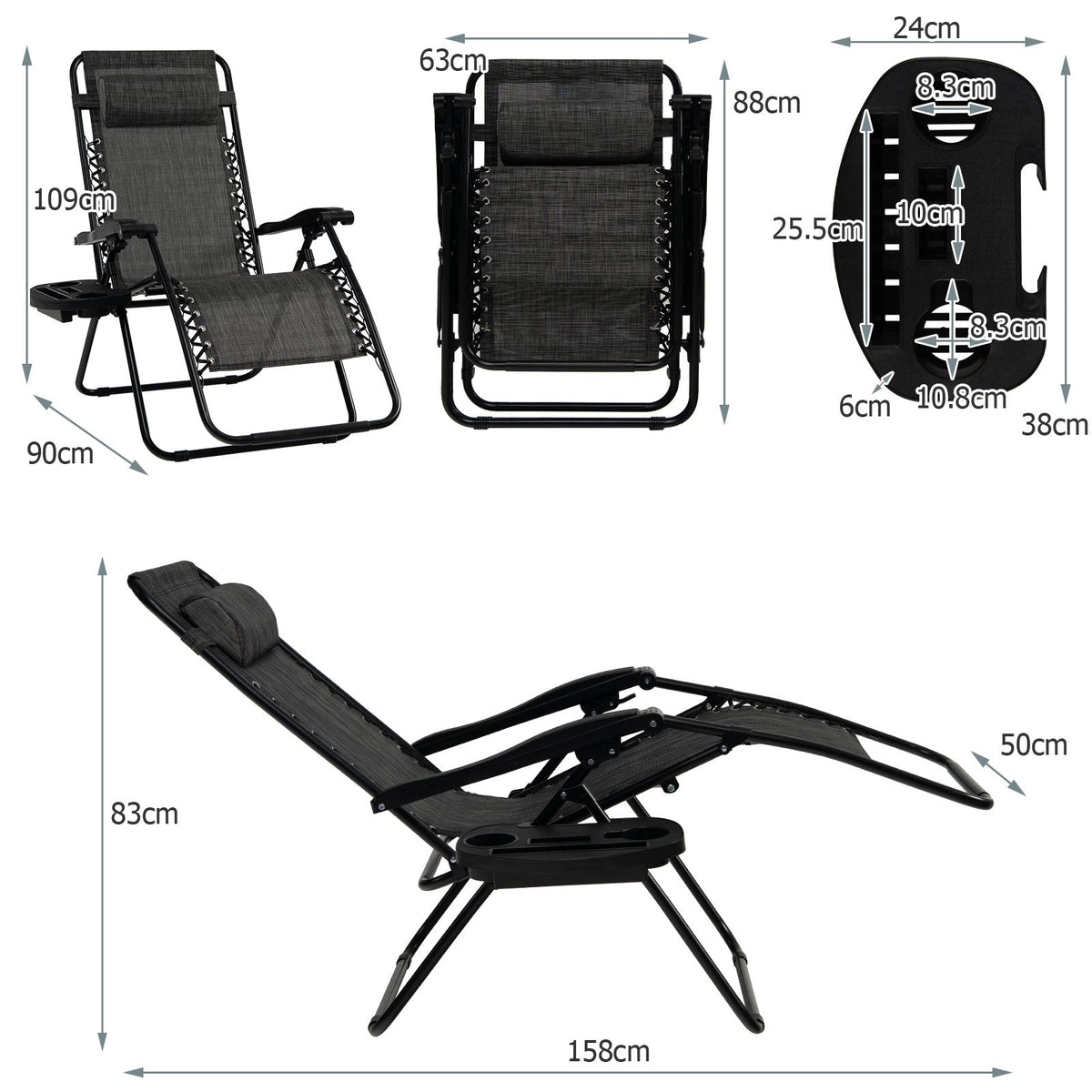 Folding Zero-Gravity Recliner – Outdoor Patio Lounge Chair with Removable Headrest & Tray