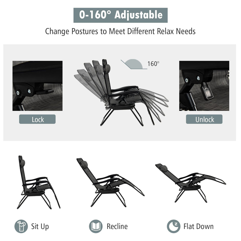 Folding Zero-Gravity Recliner – Outdoor Patio Lounge Chair with Removable Headrest & Tray