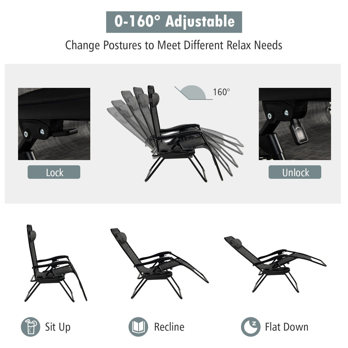 Folding Zero-Gravity Recliner – Outdoor Patio Lounge Chair with Removable Headrest & Tray