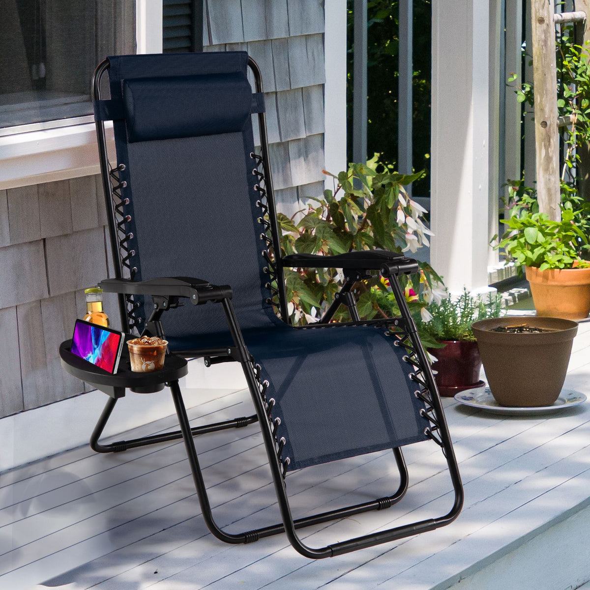 Folding Zero-Gravity Recliner – Outdoor Patio Lounge Chair with Removable Headrest & Tray