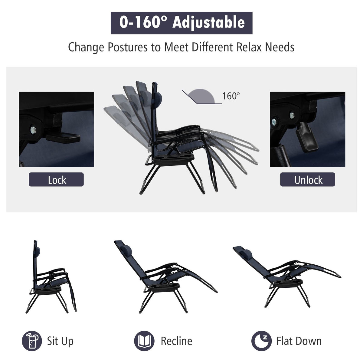 Folding Zero-Gravity Recliner – Outdoor Patio Lounge Chair with Removable Headrest & Tray