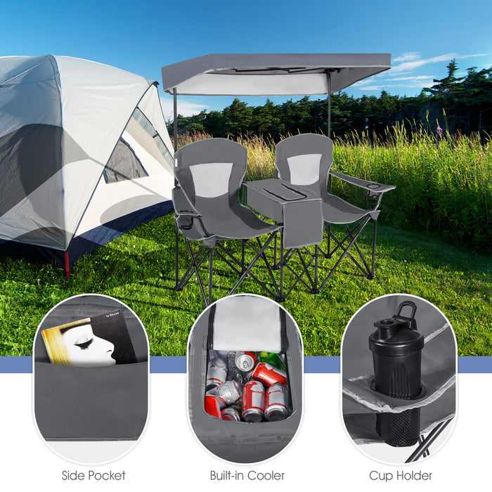 Double Folding Camping Chair with Canopy and Armrests