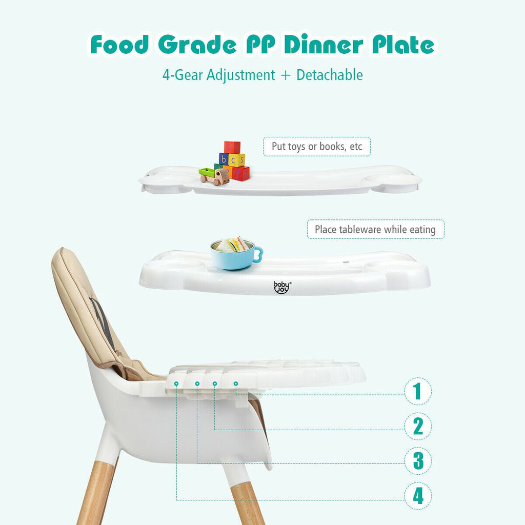 SEDOL 4-in-1 Mid-Century Modern Baby High Chair & Integrated Play Table Set with Solid Beech Legs 5-Point Safety Harness and Adjustable 4-Position Tray