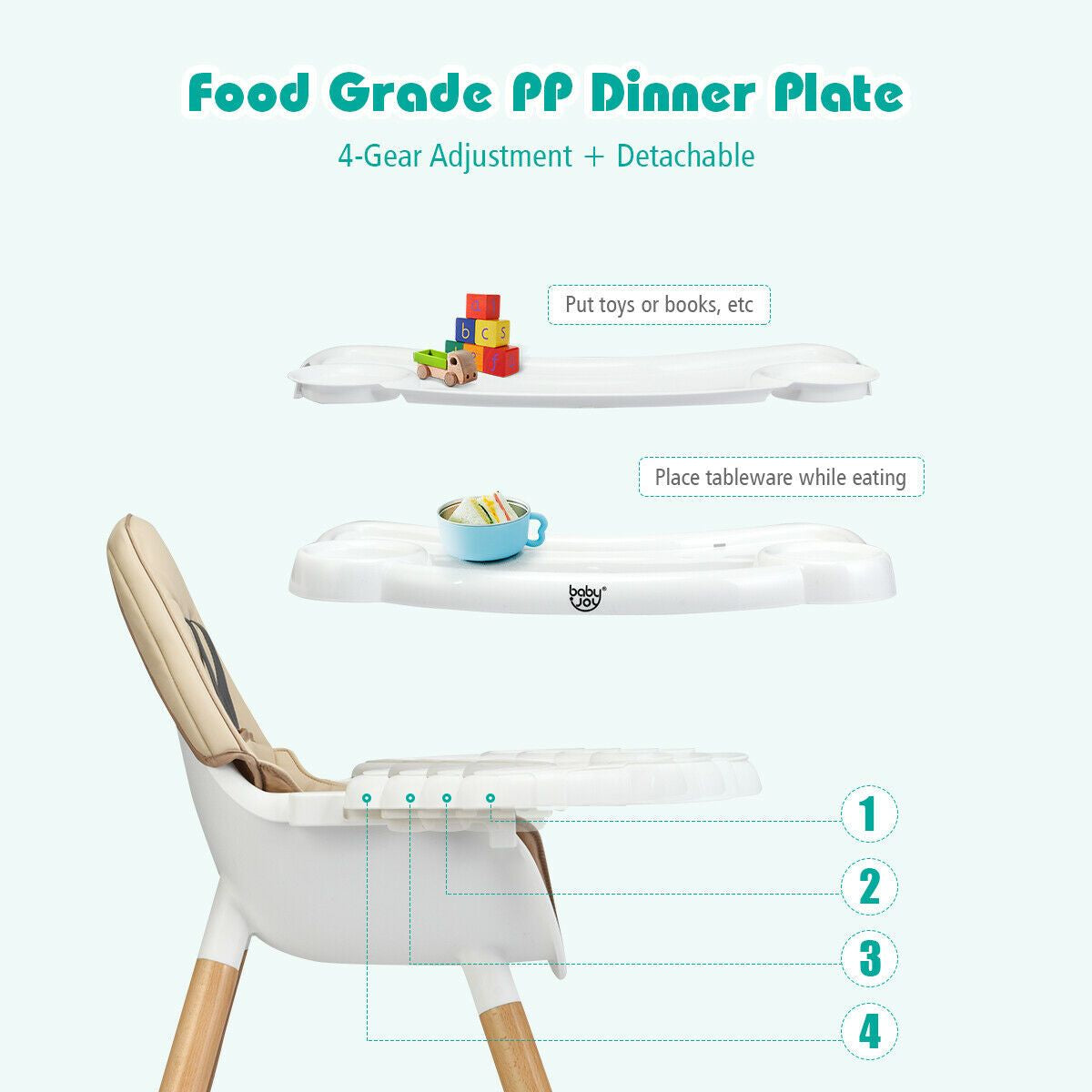 SEDOL 4-in-1 Mid-Century Modern Baby High Chair & Integrated Play Table Set with Solid Beech Legs 5-Point Safety Harness and Adjustable 4-Position Tray