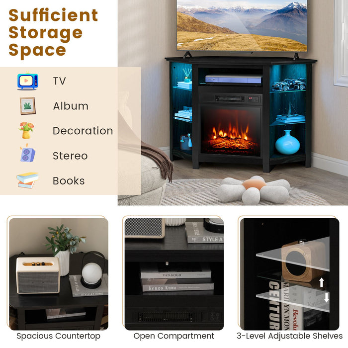 Corner TV Stand with Fireplace Insert and LED Lights