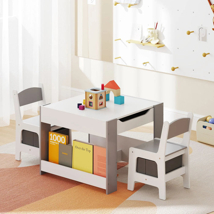 4 in 1 Kids Table and Chairs Set with Reversible Tabletop and Bookshelves