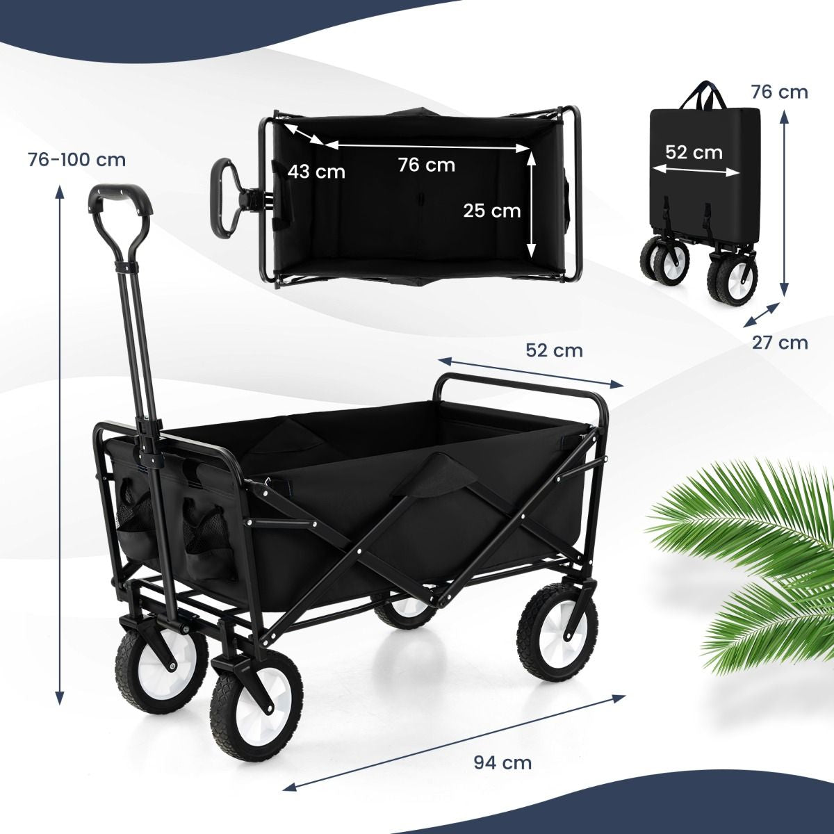 Heavy Duty Camping Garden Cart with Adjustable Handle and Drink Holders