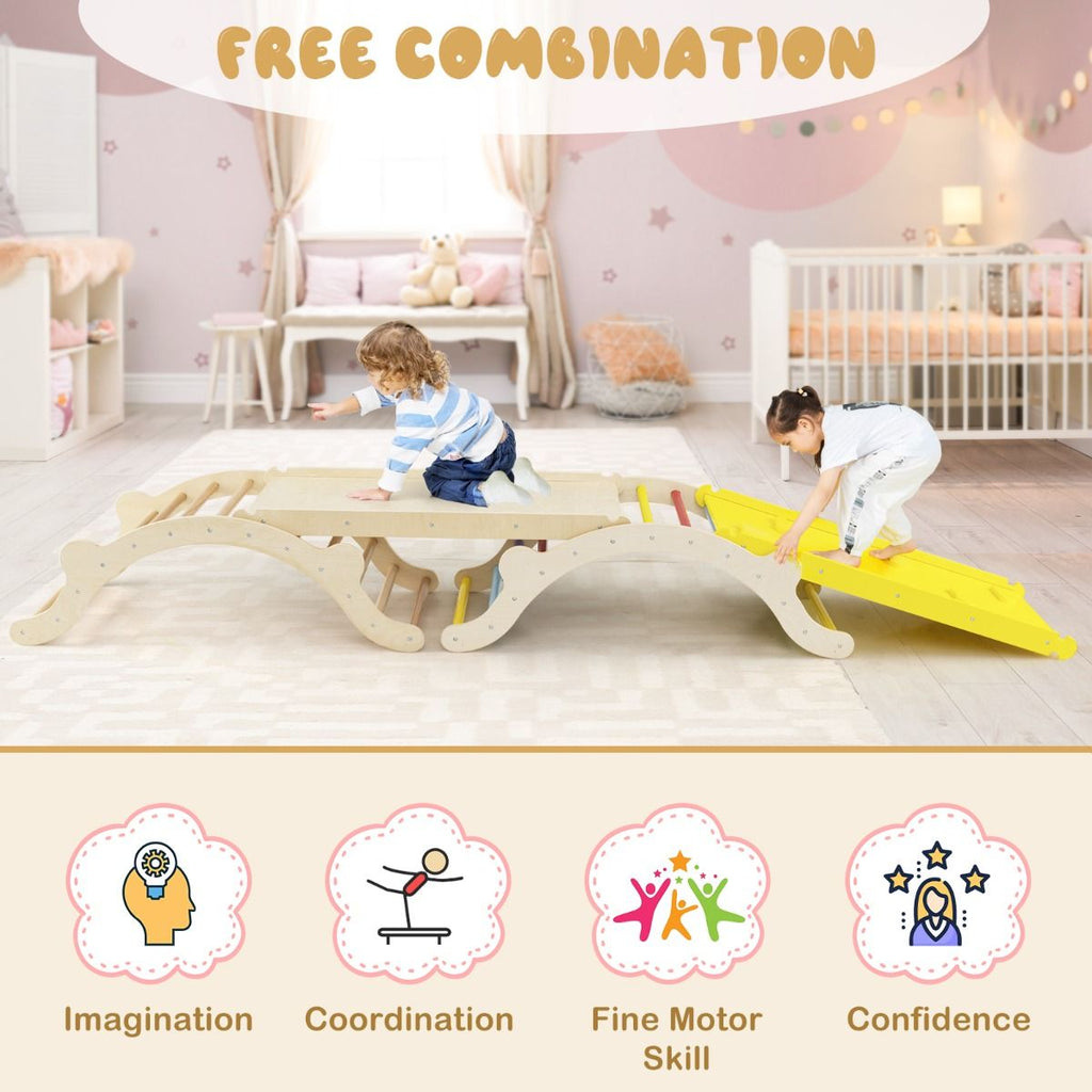 3-in-1 Wooden Climber Arch with Ramp & Rocker – Indoor Toddler Playset