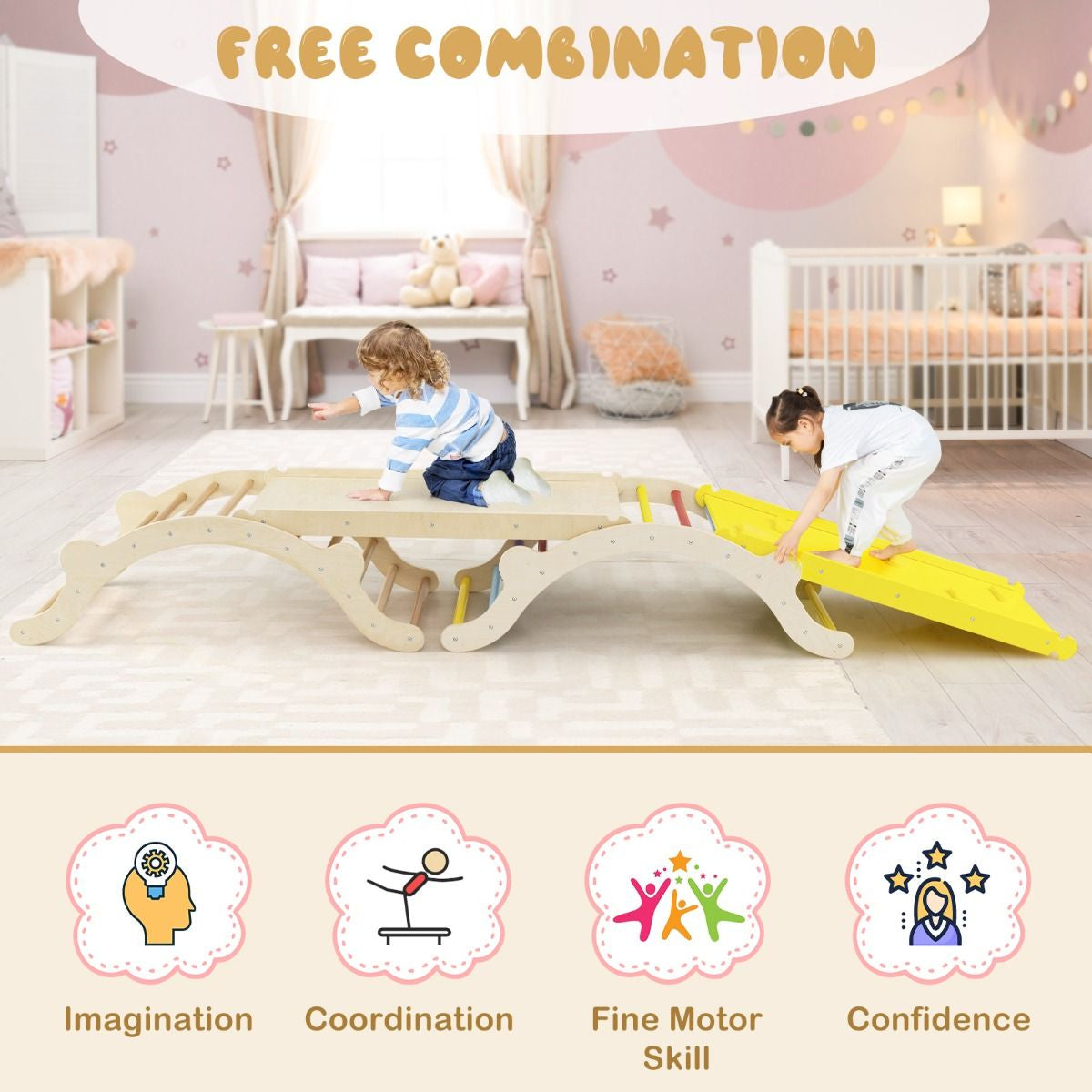 3-in-1 Wooden Climber Arch with Ramp & Rocker – Indoor Toddler Playset