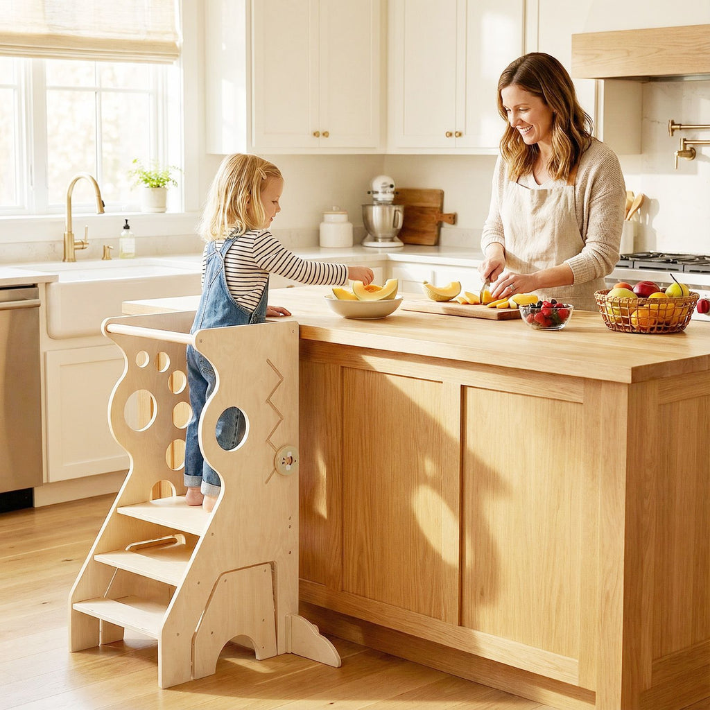 SEDOL 2-in-1 Montessori Convertible Learning Tower & Weaning Table Set with Nested 2-Step Stool, Removable Safety Bars and Integrated Line-Tracking Game