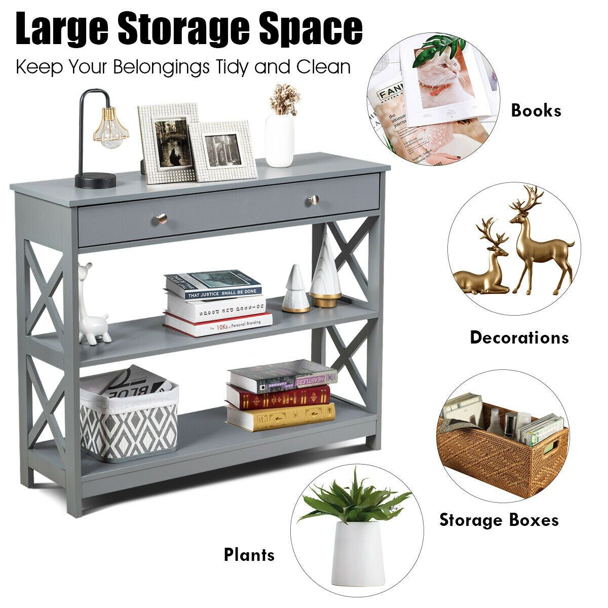 3-Tier Console Table with 1 Drawer and 2 Storage Shelves