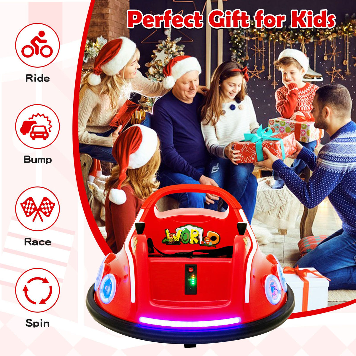 SEDOL 12V High-Performance Kids Bumper Car with 360° Rotation Parental Remote Control Wireless Bluetooth Audio and LED Light Show – 30kg Capacity