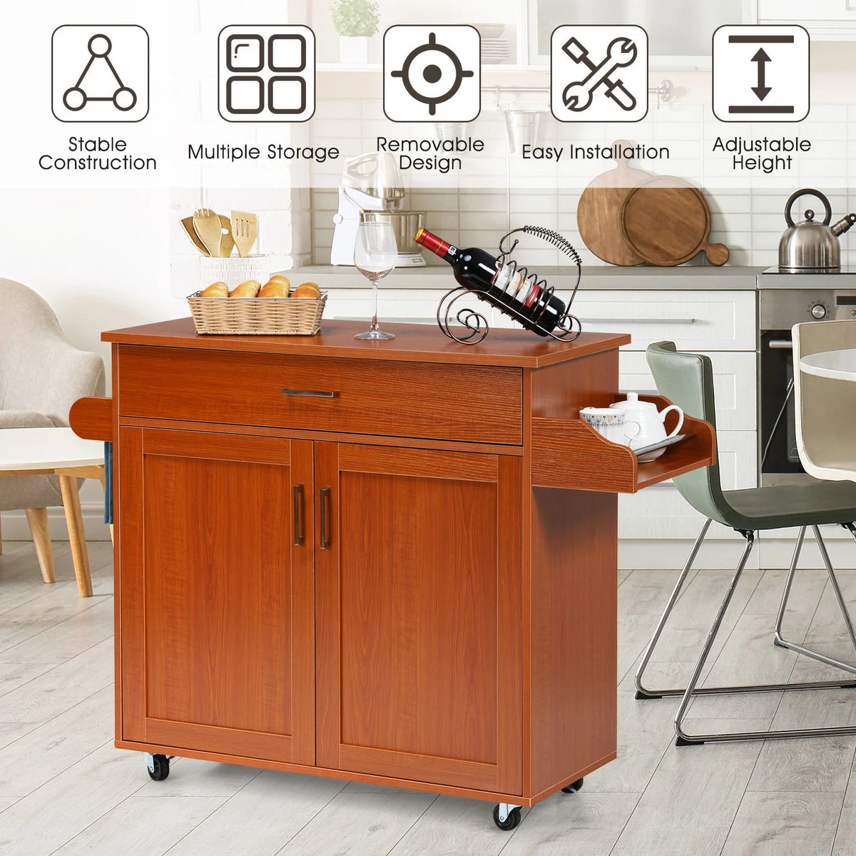 Rolling Kitchen Storage Trolley with Adjustable Shelf and Drawer