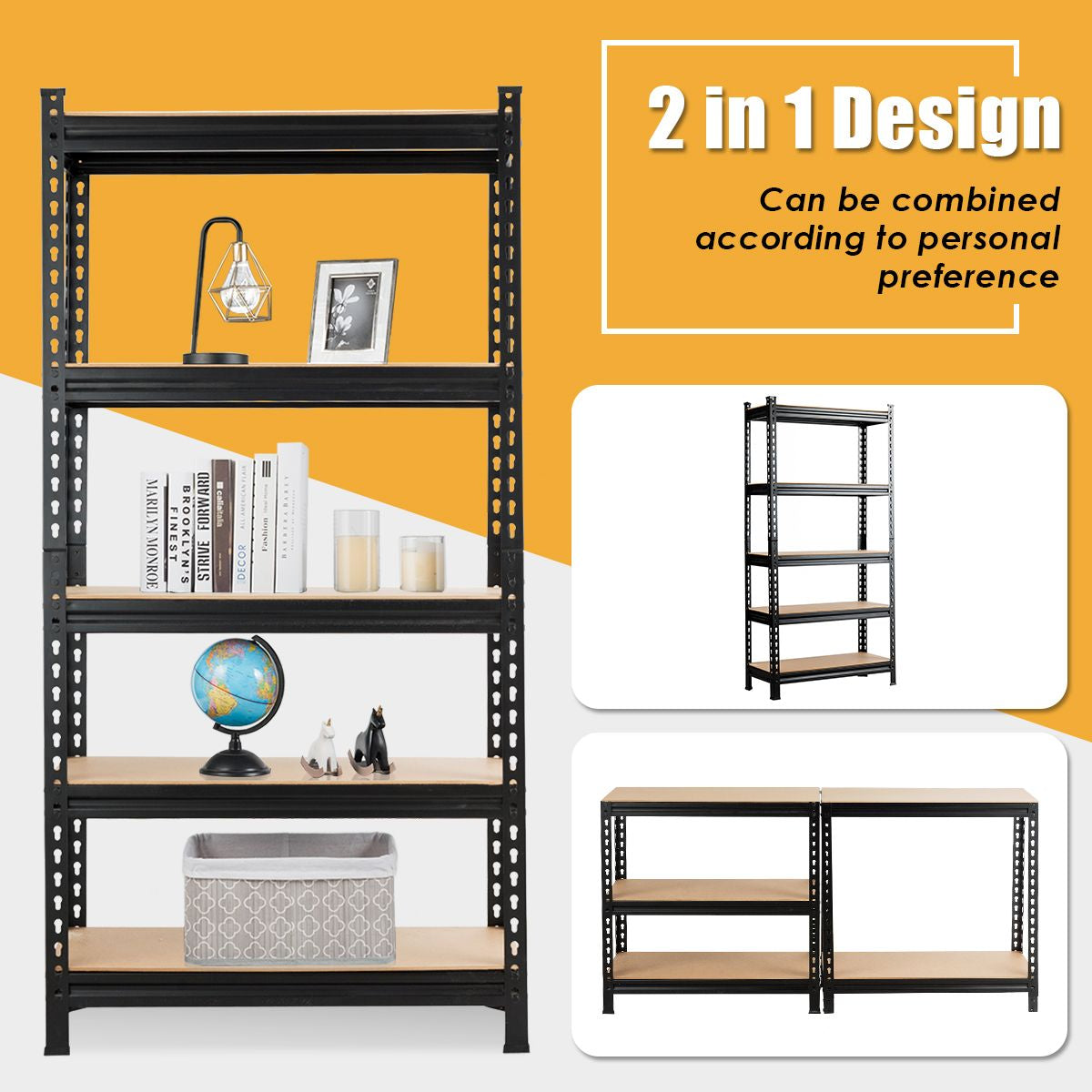 5-Tier Adjustable Storage Rack – Heavy-Duty Metal & MDF Shelving Unit