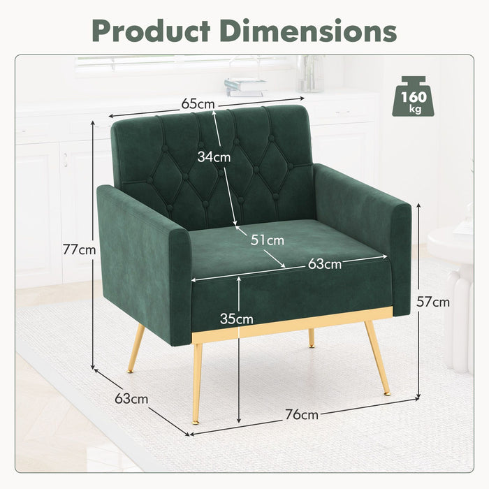 Modern Velvet Accent Chair with Button Tufted Back and Golden Metal Legs