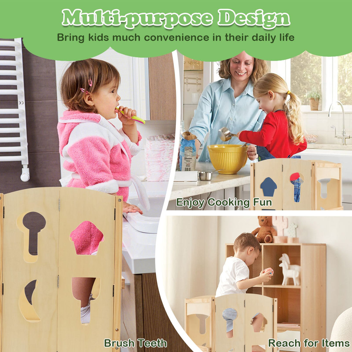SEDOL Folding Montessori Learning Tower for Toddlers Space-Saving Height Adjustable Kitchen Helper Stool with Safety Latches and Full-Surround Guardrails