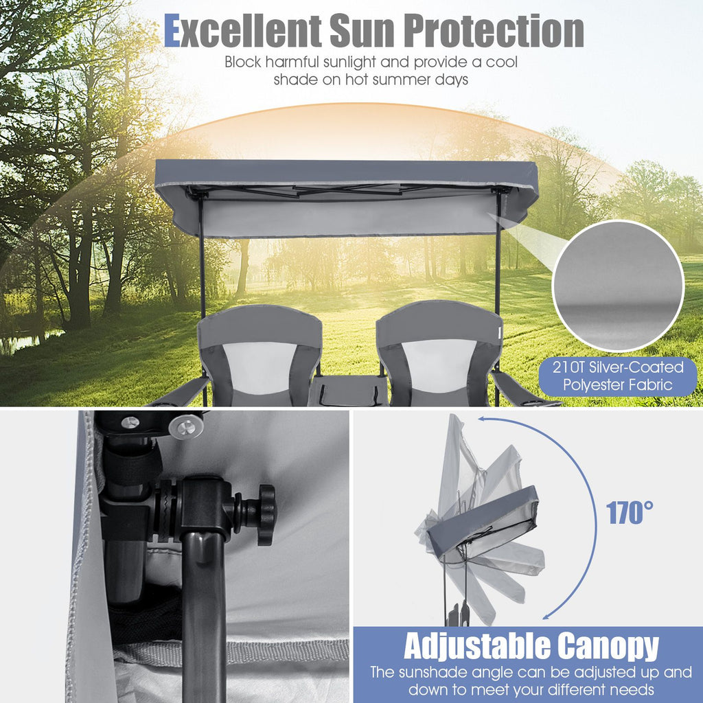 Double Folding Camping Chair with Canopy and Armrests