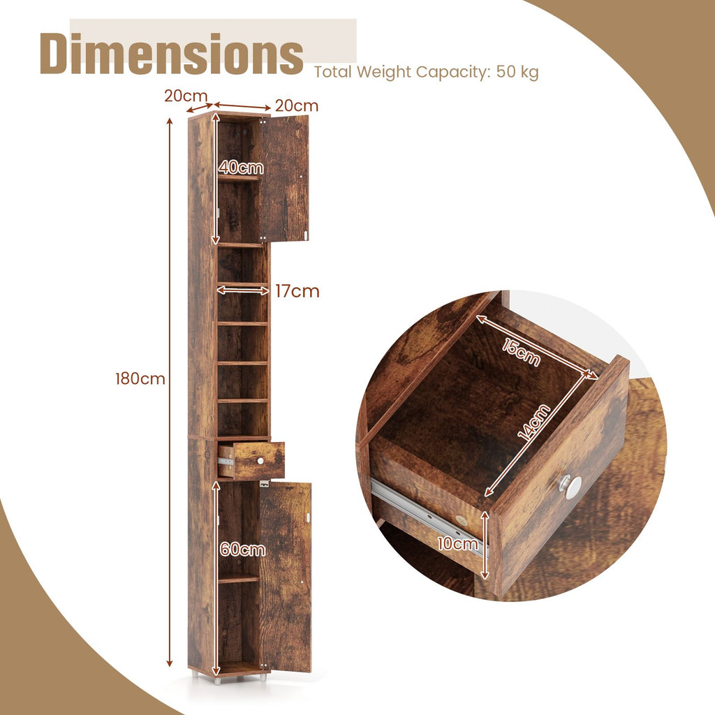 180CM Tall Freestanding Bathroom Cabinet with 2 Doors and 1 Drawer