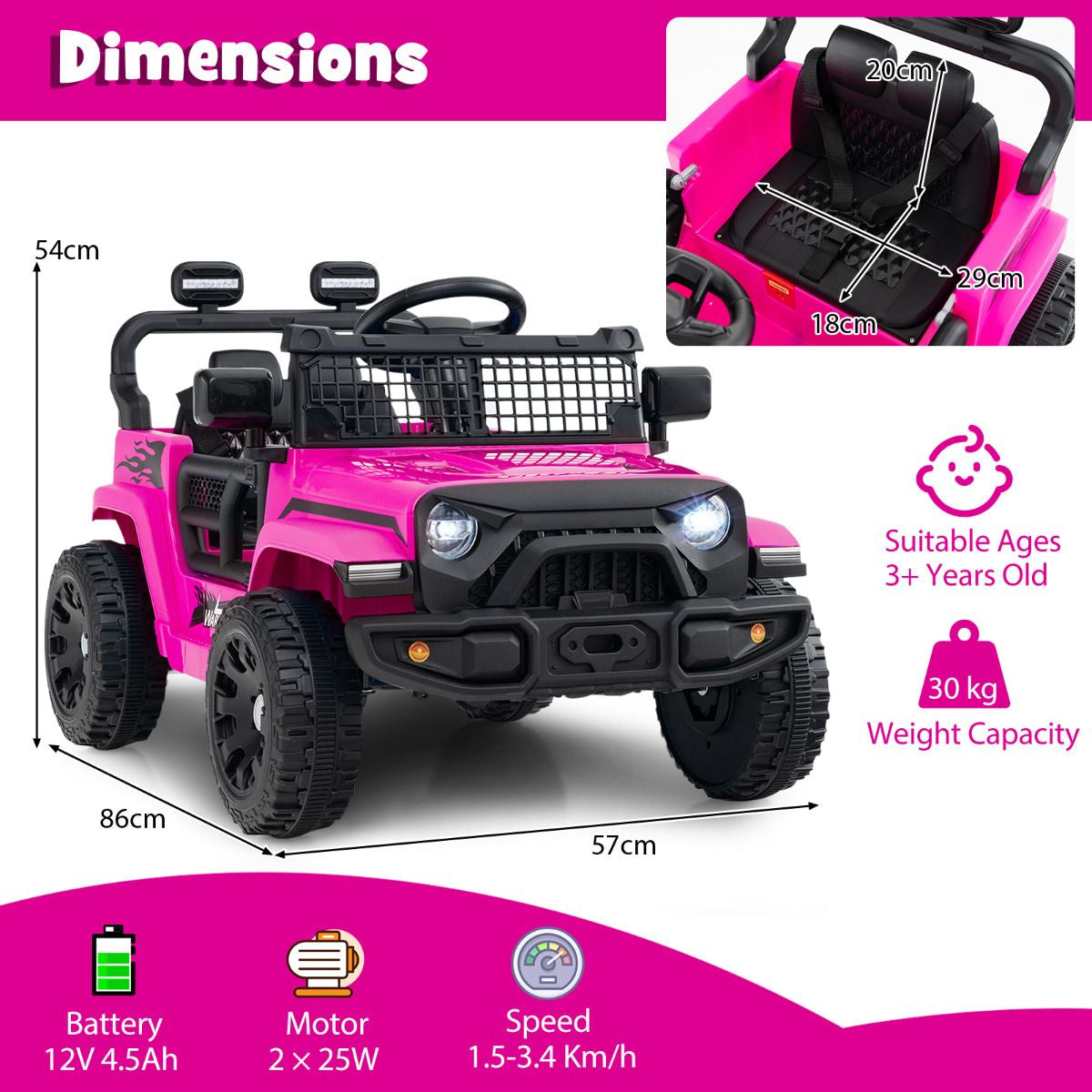 SEDOL 12V Electric Ride-On Truck for Kids with Parental Remote Control Dual 25W Motors All-Terrain Shock Absorbers LED Headlights and Soft-Start Safety System