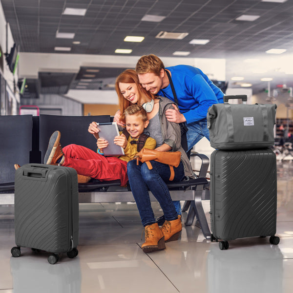 4-Piece Luggage Set with Handbags & Toiletry Kit – Durable Hard Shell Suitcases 18"/20"/24"/28" with Spinner Wheels, Travel Tote & Wash Bag – Dark Grey