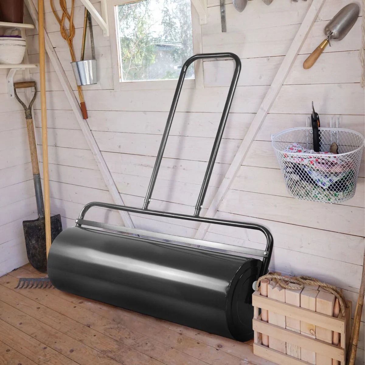 63 L Heavy-Duty Lawn Roller – Steel Garden Grass Roller with U‑Handle & Drain Plug