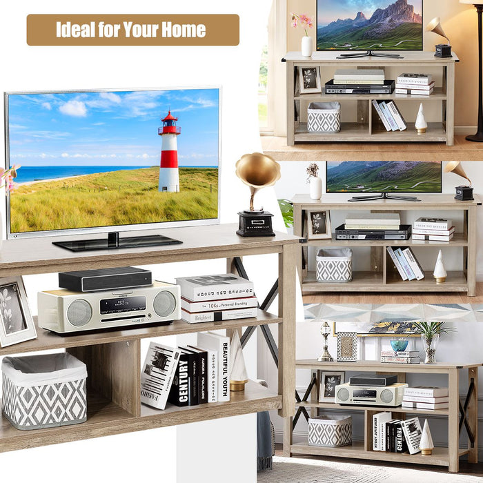 3-Tier Rustic TV Stand with Open Shelves and Cable Management