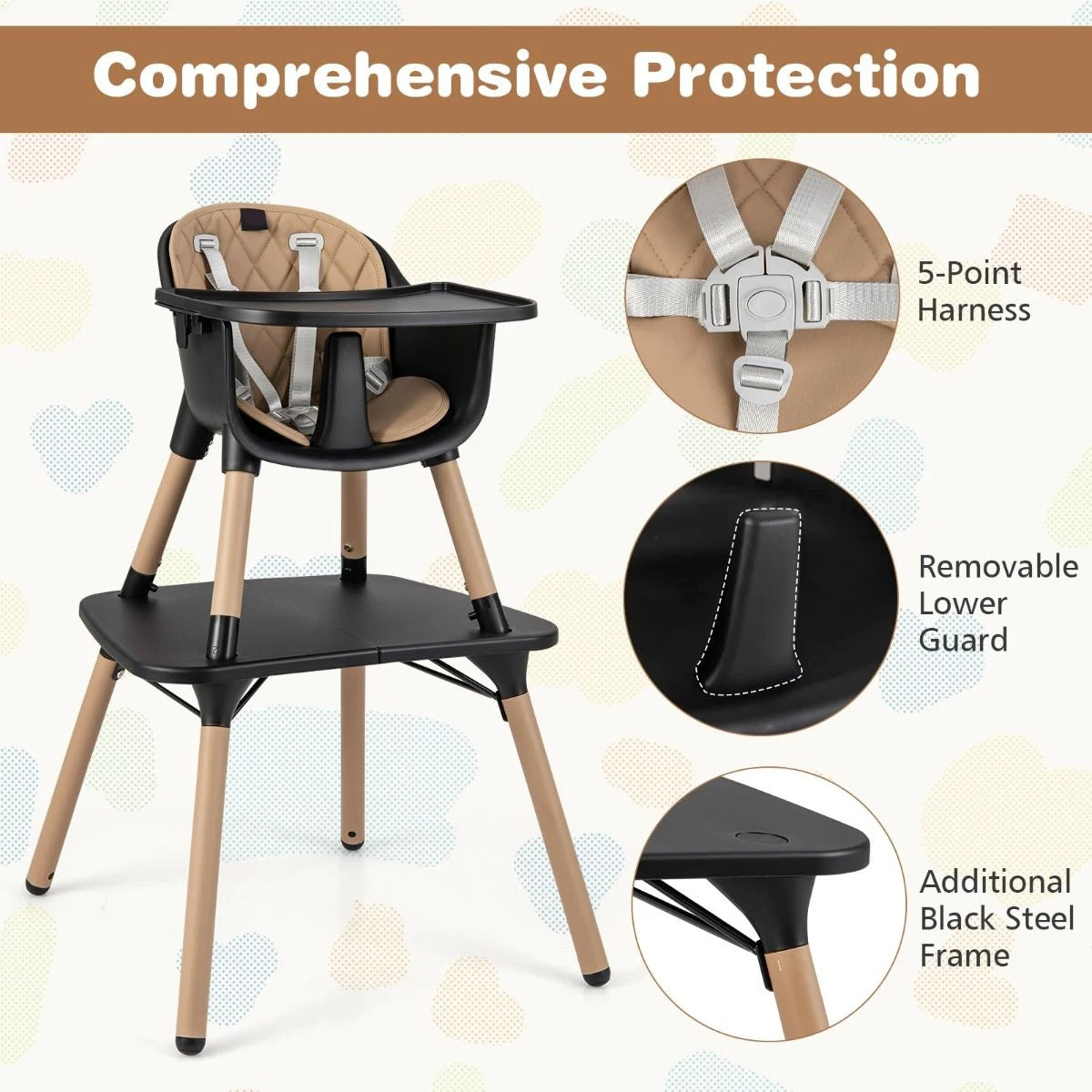 SEDOL 5-in-1 Convertible Baby High Chair & Independent Play Table Set with 5-Point Safety Harness 2-Position Removable Tray and Waterproof Easy-Clean Cushion