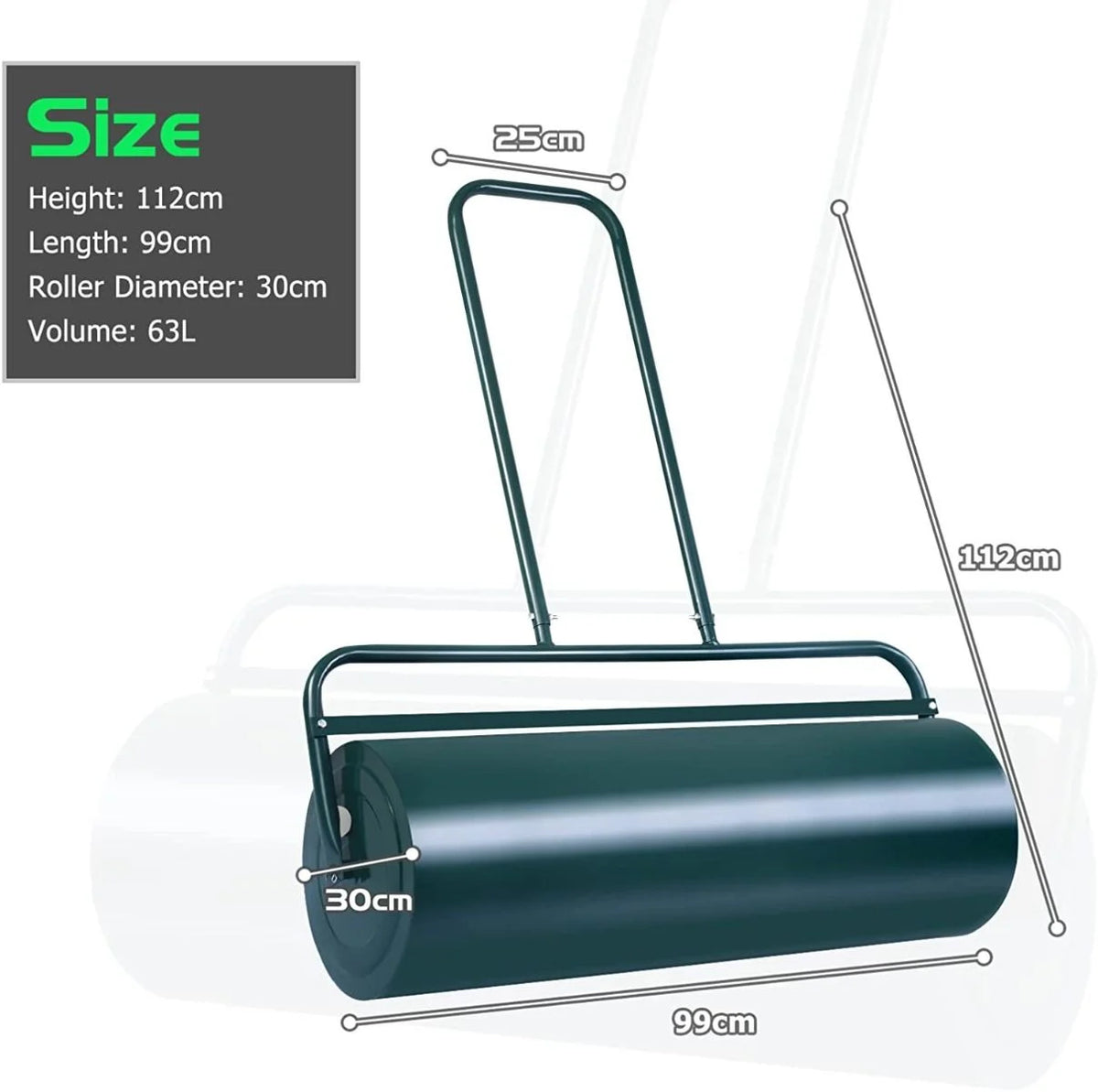 63 L Heavy-Duty Lawn Roller – Steel Garden Grass Roller with U‑Handle & Drain Plug