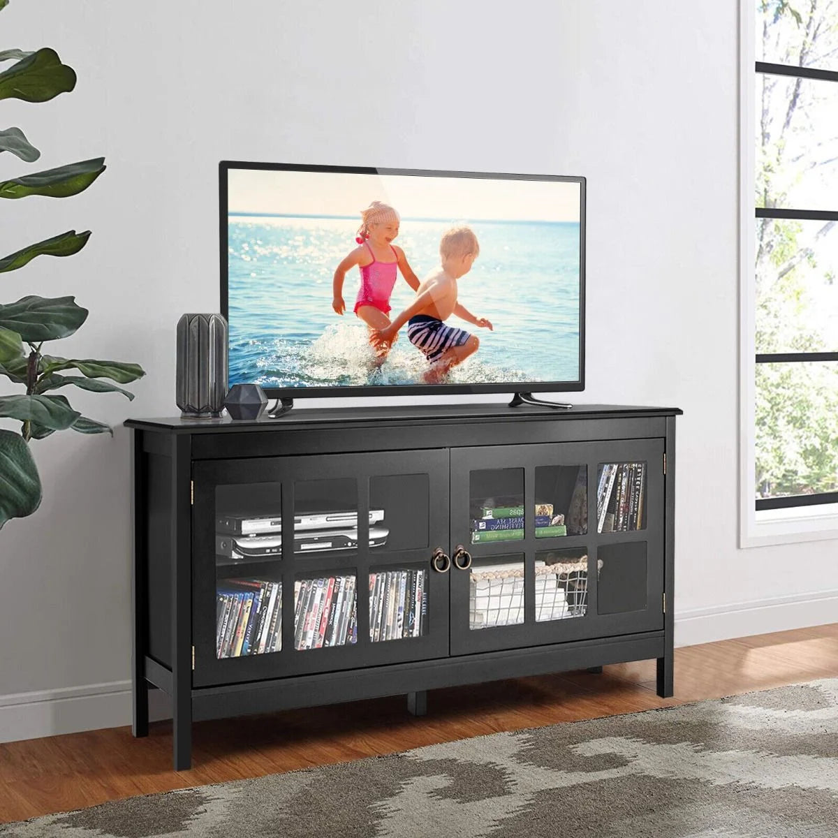 Modern Wooden TV Stand with Tempered Glass Doors for Tvs up to 50''