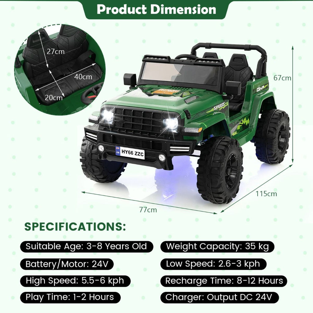 SEDOL 24V Double-Seater High-Power Kids Ride-On Truck with Parental Remote Control Dual High-Speed Motors LED Light Bars and 2-Hour Long-Play Battery – 35kg Capacity