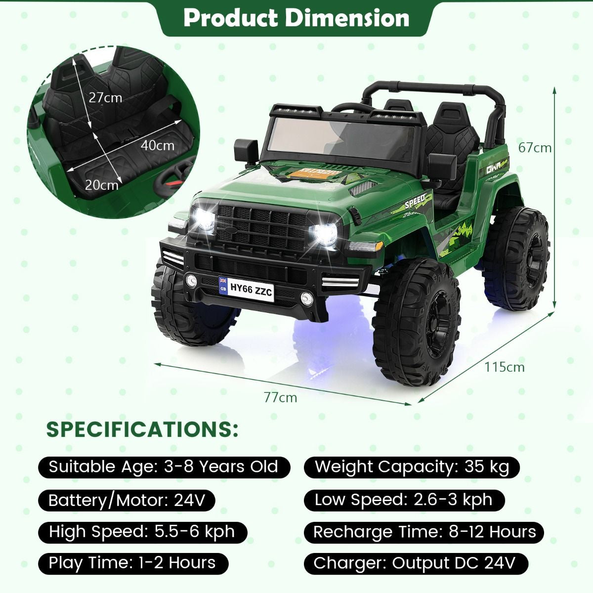 SEDOL 24V Double-Seater High-Power Kids Ride-On Truck with Parental Remote Control Dual High-Speed Motors LED Light Bars and 2-Hour Long-Play Battery – 35kg Capacity