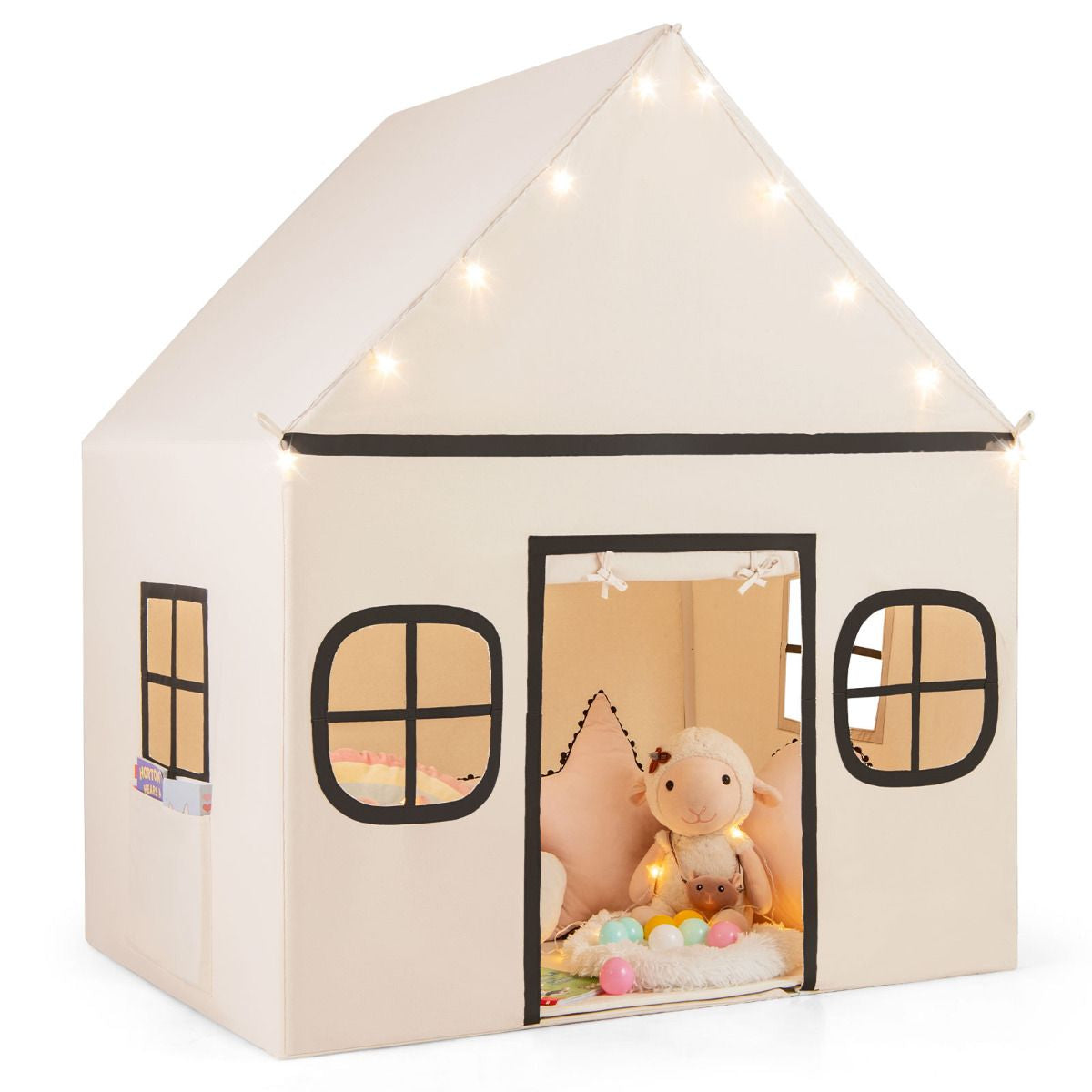 SEDOL Large Indoor Kids Playhouse with Plush Coral Velvet Mat and LED Star Lights Breathable Cotton-Blend Play Tent with Storage Pockets for Reading and Napping