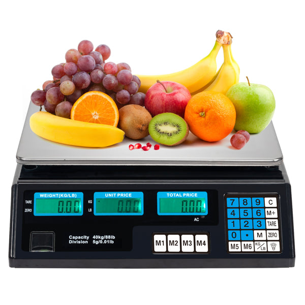 30–40kg  Digital Price Computing Scale – Vegetable & Retail Weighing Scale with Backlit LCD Display, 5g Precision & UK Plug – Silver & Black