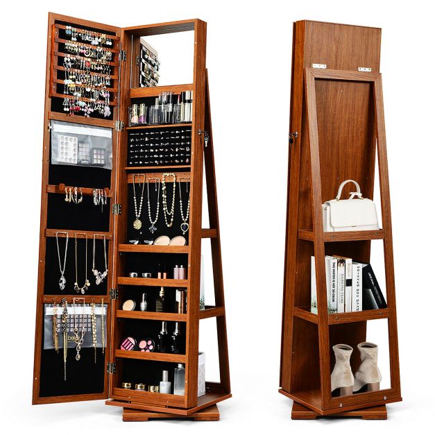SEDOL 360° Rotating Full-Length Mirrored Jewellery Cabinet | Lockable Jewellery Armoire with 3-Tier Rear Display Shelves | Ultra-Large Storage for 120 Earrings, 78 Rings & 24 Necklaces | Velvet-Lined Boutique Organiser