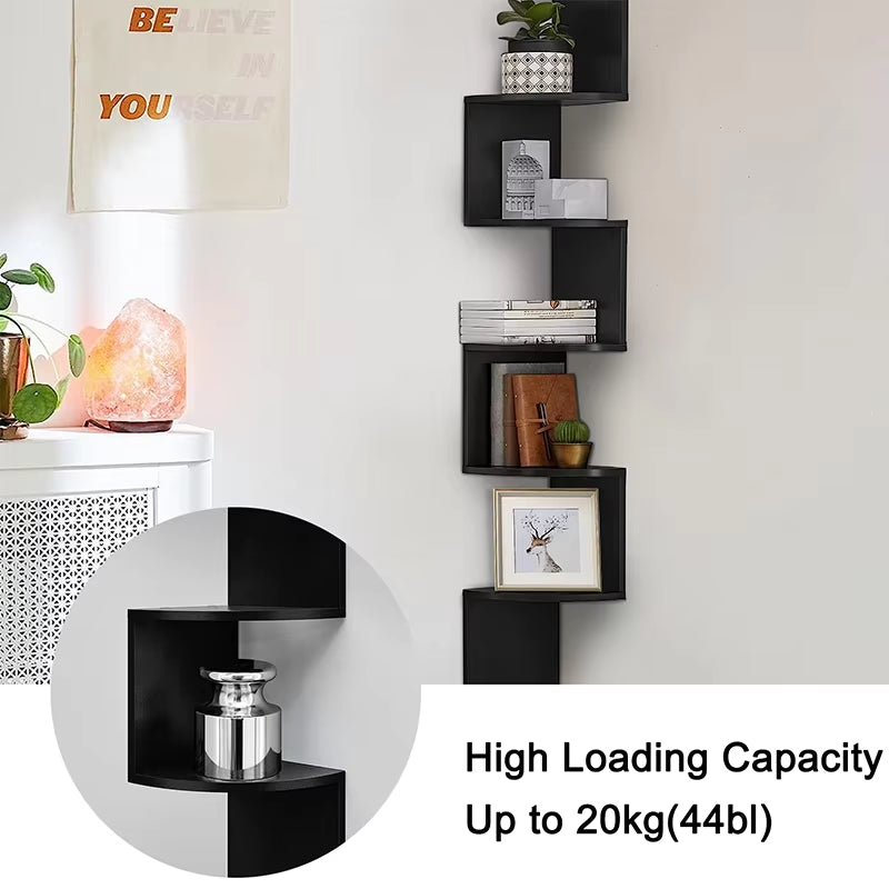 SEDOL Floating Corner Shelf Modern 3 and 5 Tier Wall Mounted Bookshelf Wooden Zigzag Storage Organizer for Bedroom Living Room Kitchen Display Wall Decor
