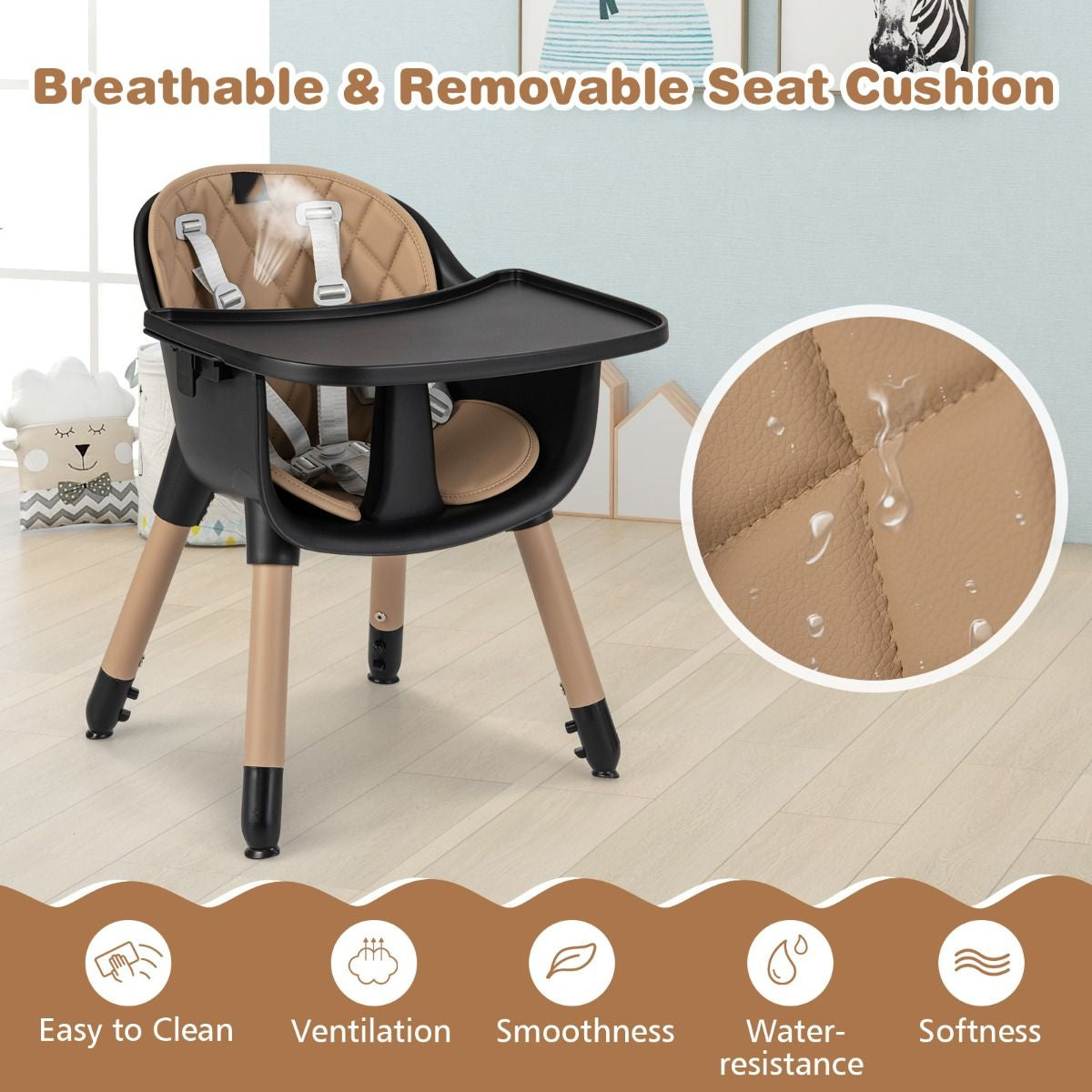 SEDOL 5-in-1 Convertible Baby High Chair & Independent Play Table Set with 5-Point Safety Harness 2-Position Removable Tray and Waterproof Easy-Clean Cushion