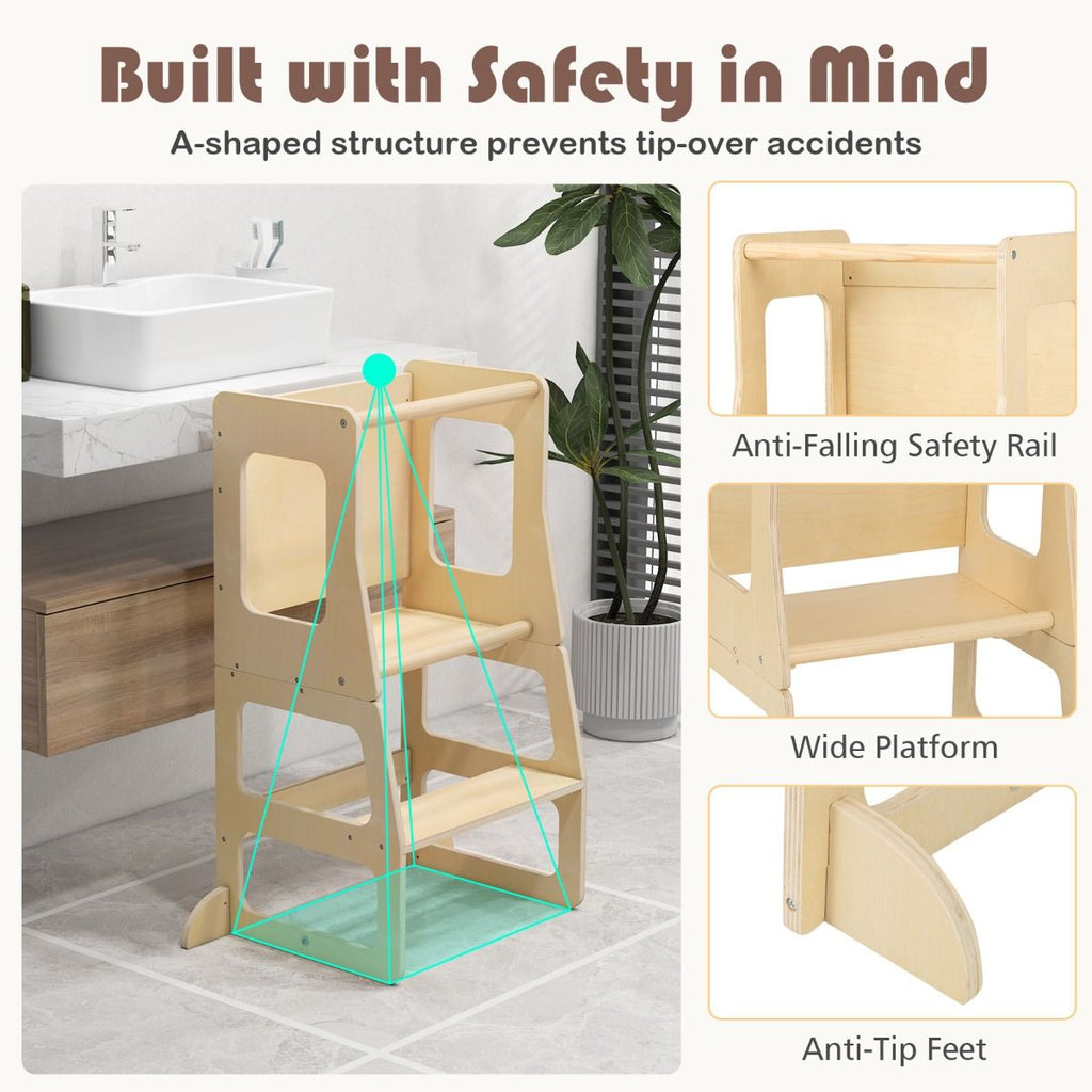 SEDOL 3-in-1 Montessori Convertible Learning Tower & Weaning Table with Integrated Chalkboard – Solid Wood Foldable Kitchen Helper Stool with A-Frame Stability – 60kg Capacity