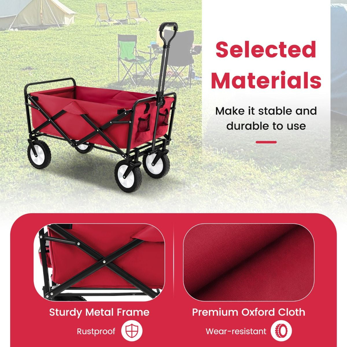 Heavy Duty Camping Garden Cart with Adjustable Handle and Drink Holders