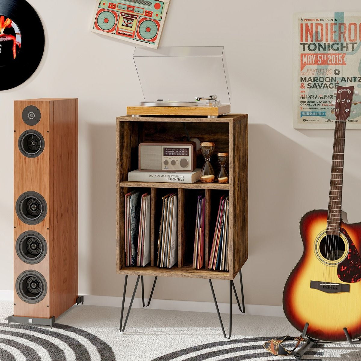 3-Tier Record Player Stand with Charging Station Shelf and 4 Dividers