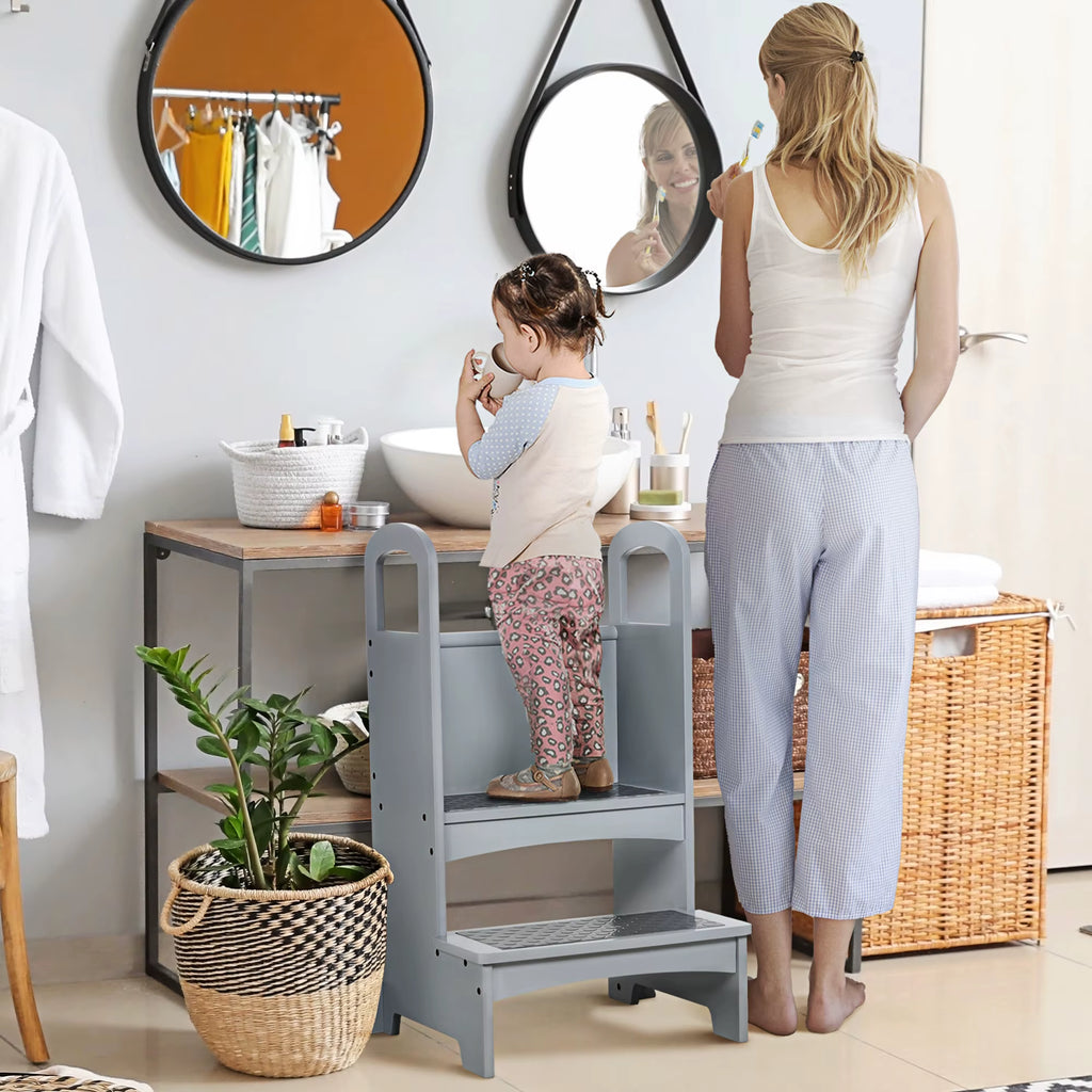 SEDOL Kids 2-Step Wooden Booster Stool with Integrated Safety Handrails and Pro-Grip Non-Slip Panels – Heavy-Duty Kitchen & Bathroom Step Stool